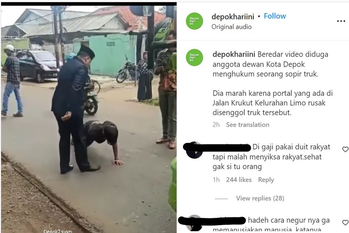 Video viral menunjukkan anggota DPRD Kota Depok dari Fraksi Golkar, Tajudin Tabri, menyuruh sopir truk untuk push up hingga berguling di Jalan Krukut, Limo, Depok, pada Jumat (23/9/2022).