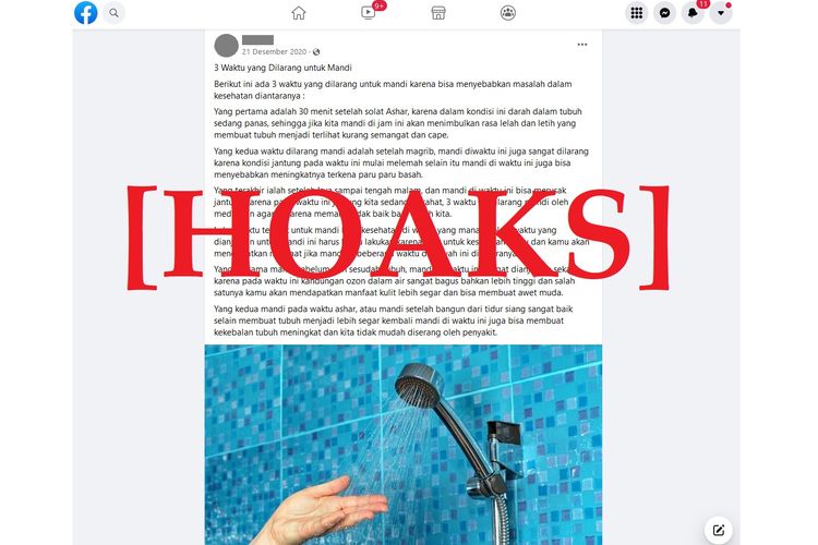Unggahan hoaks mandi di 3 waktu yang tidak tepat bisa menyebabkan kematian, yang disebarkan oleh sebuah  akun Facebook.