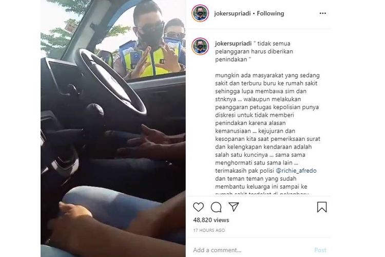 Tangkapan layar sebuah unggahan mengenai anggota polisi lalu lintas di Pekanbaru tak jadi menindak pelanggarnya.