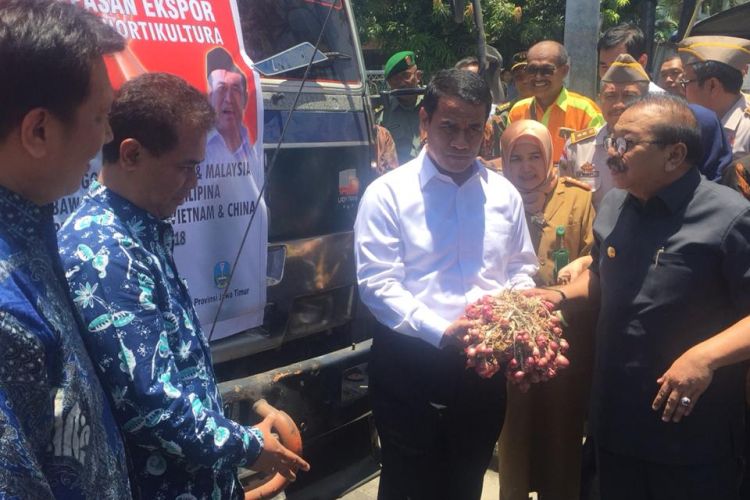 Mentan Amran Sulaiman bersama Gubernur Jawa Timur Soekarwo melepas ekspor komoditas hortikultura di Kantor Dinas Pertanian Provinsi Jawa Timur, Surabaya, Senin (8/10/2018). 