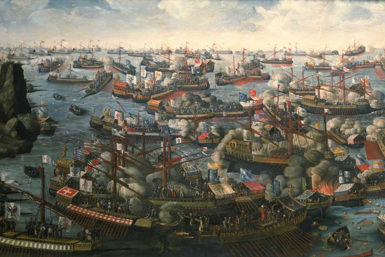 Perang Lepanto 1571. Pertempuran anatara Liga Suci melawan Turki Usmani.