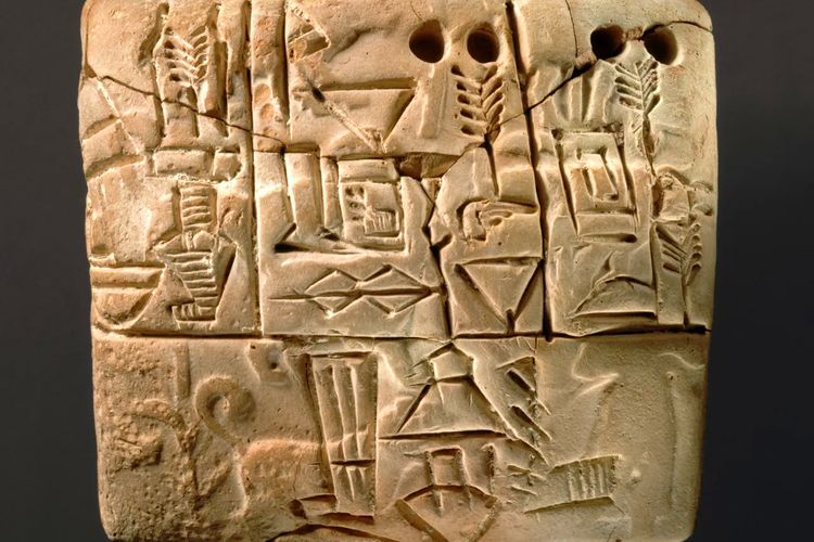 Cuneiform atau aksara paku peninggalan bangsa Sumeria.