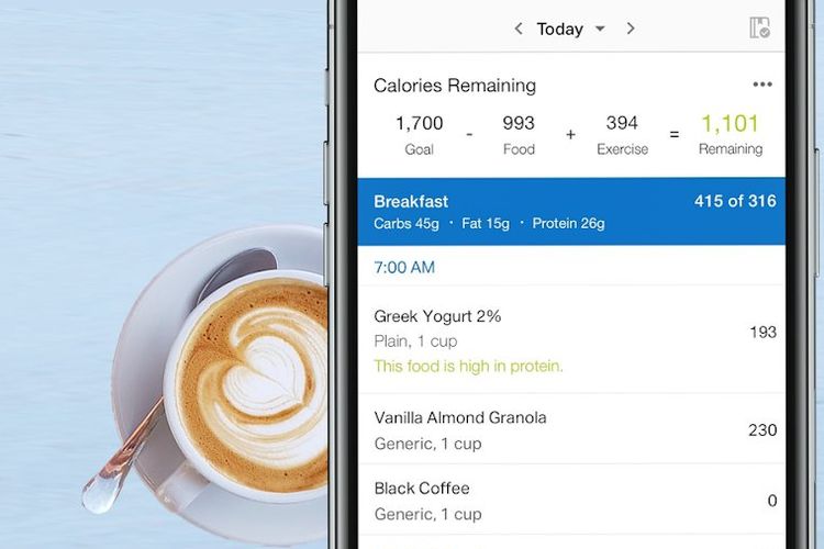 aplikasi penghitung kalori MyFitnessPal membantu mencatat makanan dan minuman yang kita asup, serta olahraga yang dijalani.