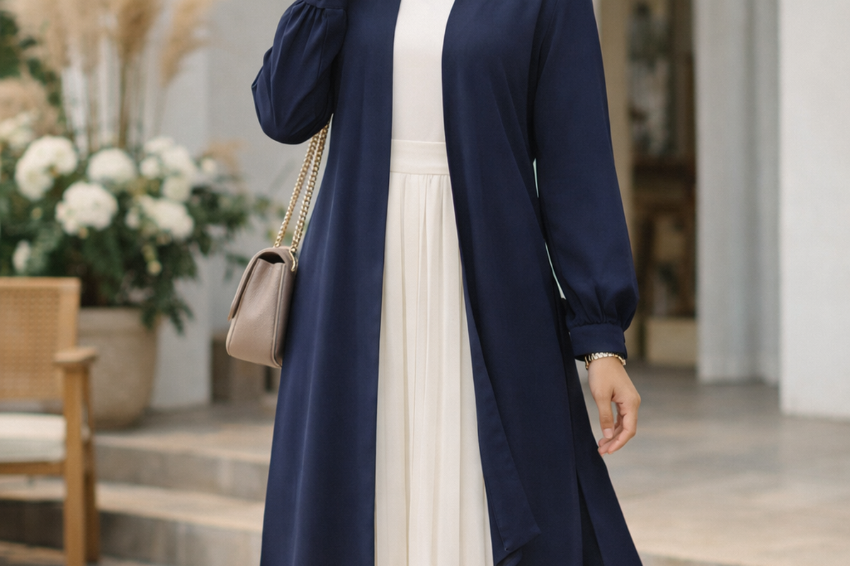 Tunik Navy & Rok Plisket yang Rapi dan Stylish.