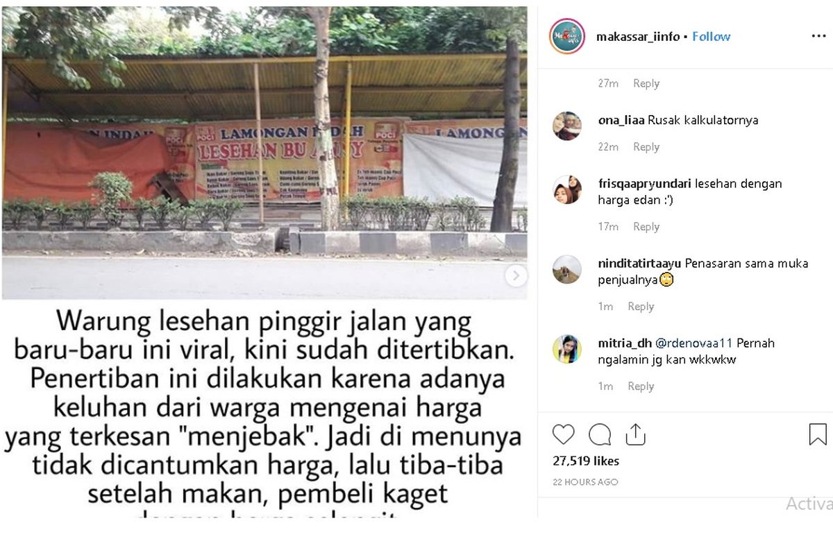 Warung lesehan Lamongan Indah Bu Anny yang viral karena mematok harga Rp 700.000 untuk seporsi nasi dan tiga lauk di Tegal, Jateng. 