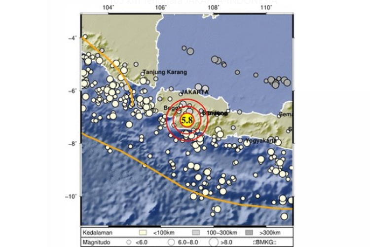 Tangkapan layar titik episenter gempa Sukabumi M5,8 pada Kamis (8/12/2022) pukul 07.50 WIB.