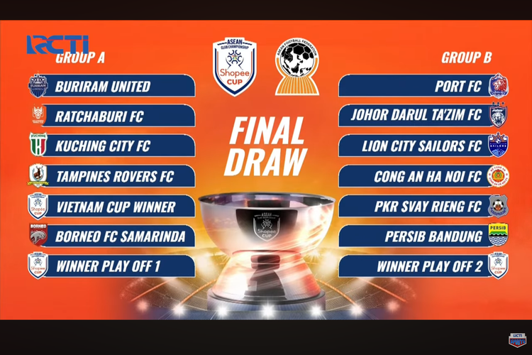 Tangkapan layar Youtube Channel RCTI Sport yang menayangkan siaran langsung drawing ASEAN Club Championship 2026-2026. Daftar 16 klub, Persib Bandung dan Borneo FC Samarinda.