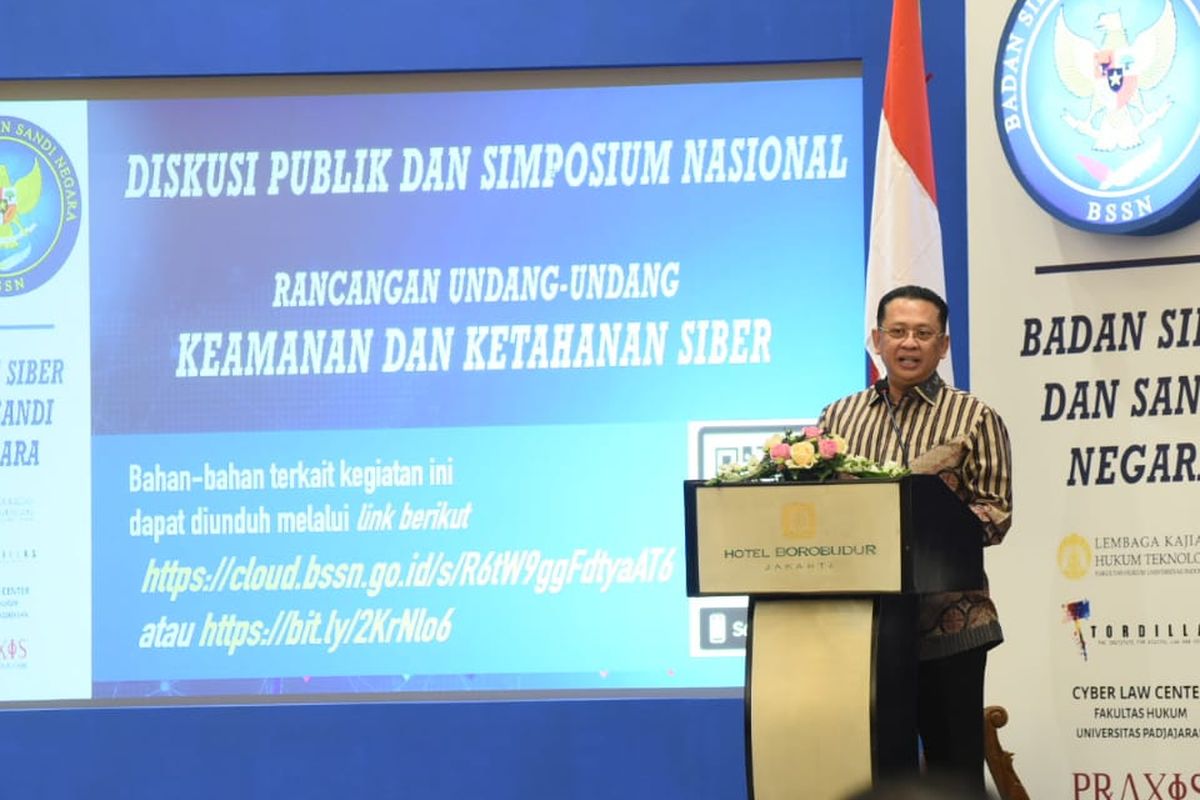 Ketua DPR RI Bambang Soesatyo (Bamsoet) saat menjadi narasumber Diskusi Publik dan Simposium Nasional Rancangan Undang-Undang tentang Keamanan dan Ketahanan Siber (RUU KKS), di Jakarta, Senin (12/08/2019).
