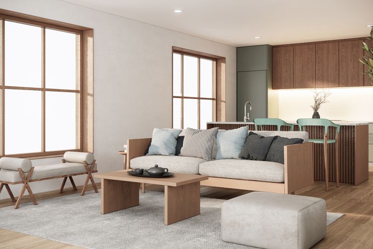Ilustrasi desain Japandi, Ilustrasi ruang keluarga bergaya Japandi.