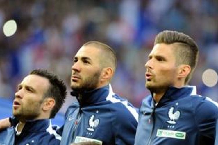 Tiga pemain tim nasional Perancis (dari kiri ke kanan): Mathieu Valbuena, Karim Benzema, dan Olivier Giroud.