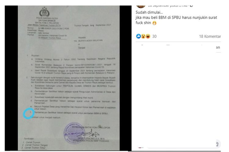 Unggahan hoaks berisi kewajiban menunjukkan sertifikat vaksin Covid-19 saat membeli BBM di SPBU di Aceh Selatan