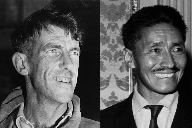 Edmund Hillary dan Tenzing Norgay, dua orang pertama yang berhasil mencapai puncak Gunung Everest pada 29 Mei 1953.