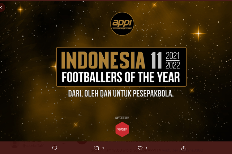 Tangkapan layar Twitter @APPI_info terkait pengumuman Penghargaan APPI Indonesia 11 pada Jumat (8/4/2022).