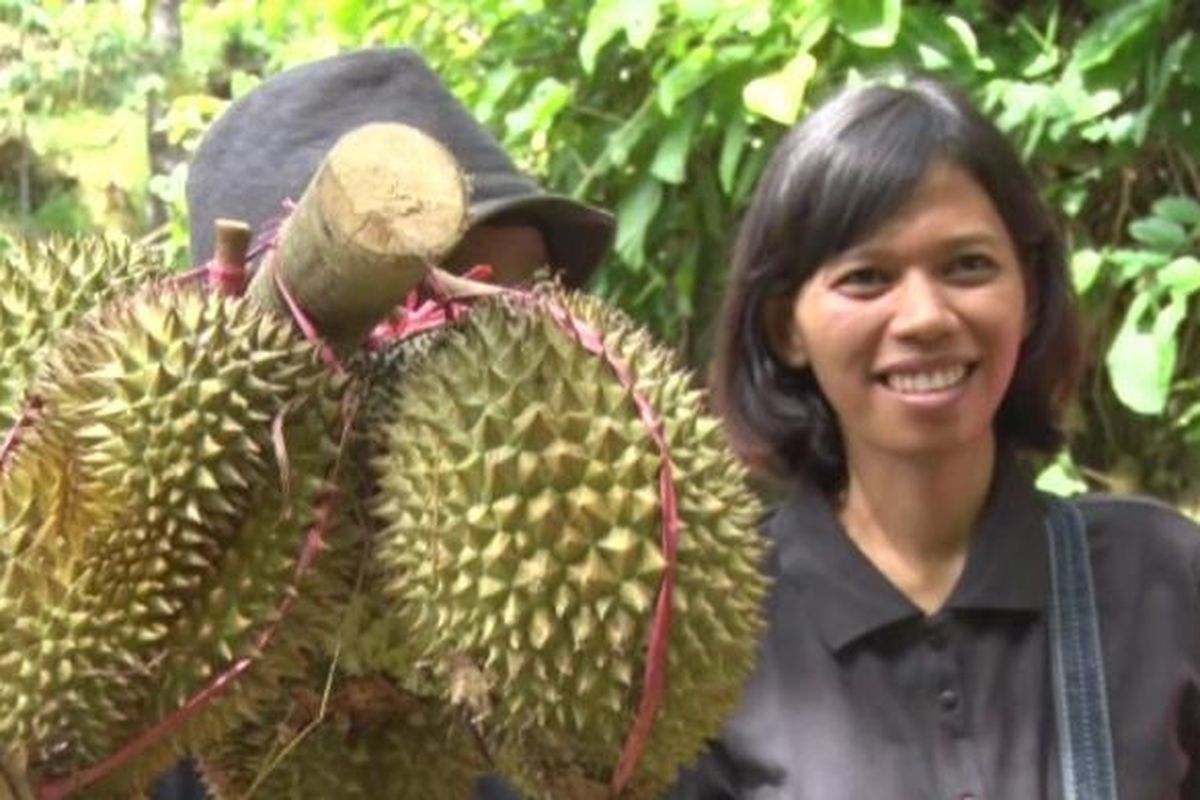 Wisatawan bersama petani durian di desa wisata Sawahan, Kecamatan Watulimo, Kabupaten Trenggalek, Jawa Timur.