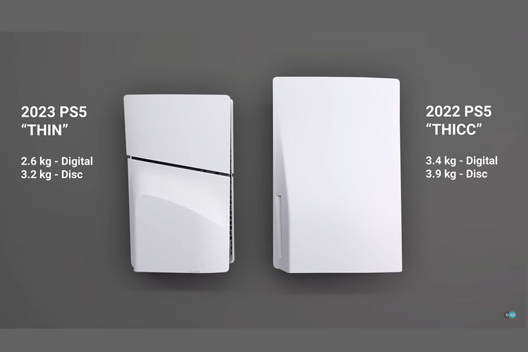 Perbandingan ukuran PS5 Slim (kiri) dan PS5 reguler (kanan)