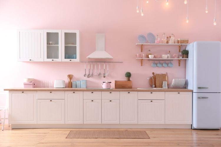Ilustrasi dapur dengan warna pink muda.
