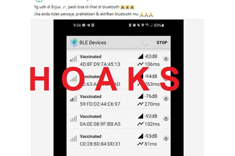 Unggahan hoaks yang menyebutkan bahwa tubuh yang divaksin bisa memancarkan bluetooth dan dilacak.