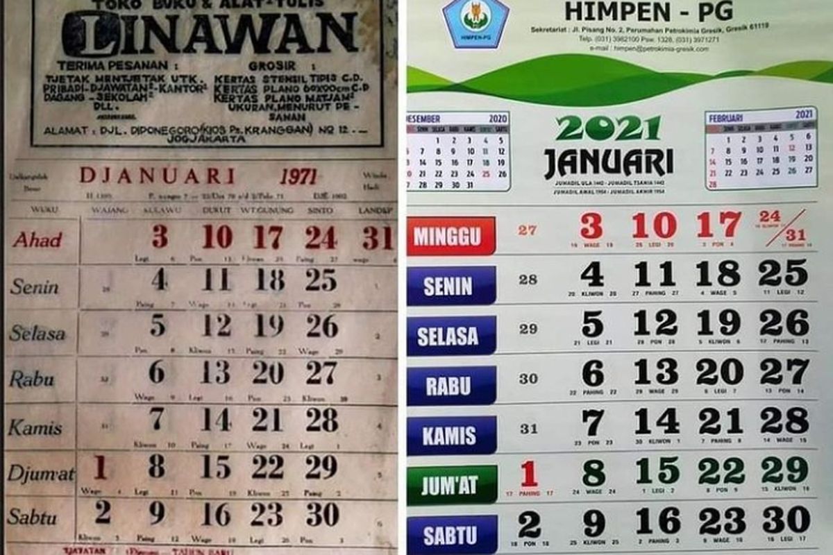 Tangkapan layar unggahan Instagram yang menyandingkan dua kalender Masehi tahun 1971 dan 2021.