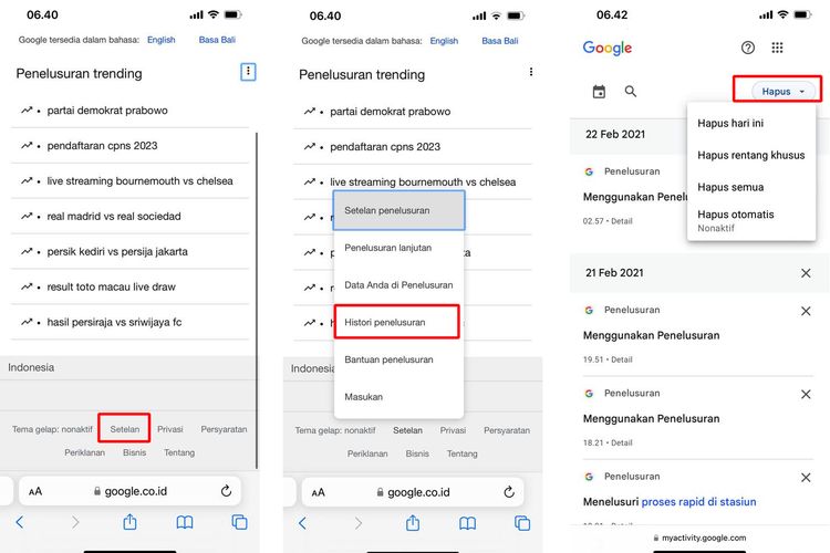 Ilustrasi cara menghapus riwayat pencarian Google di HP.