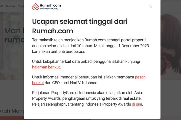 Pengumuman penutupan Rumah.com sdi situs web Rumah.com 