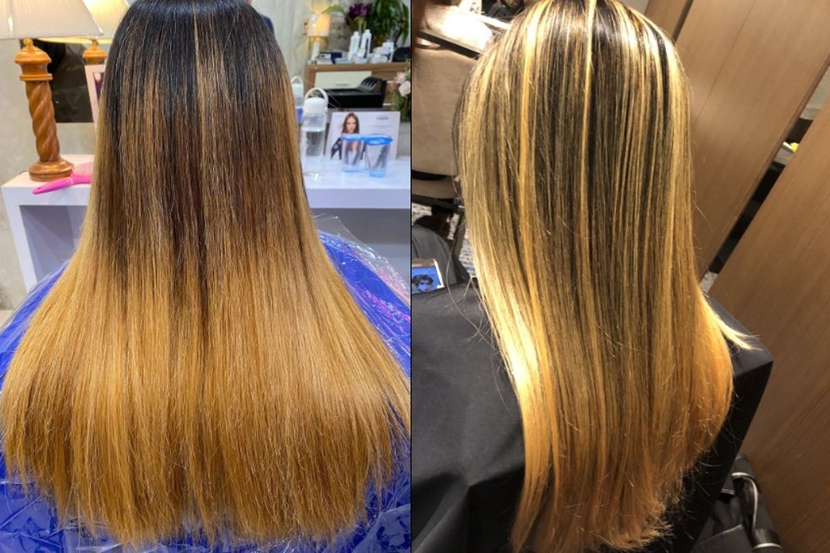 Contoh rambut hasil Balayage yang sudah brassy (pudar).