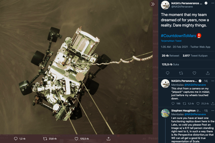 A screen grab of the NASA Perseverance rover lands on Mars on Thursday, February 18, 2021. 