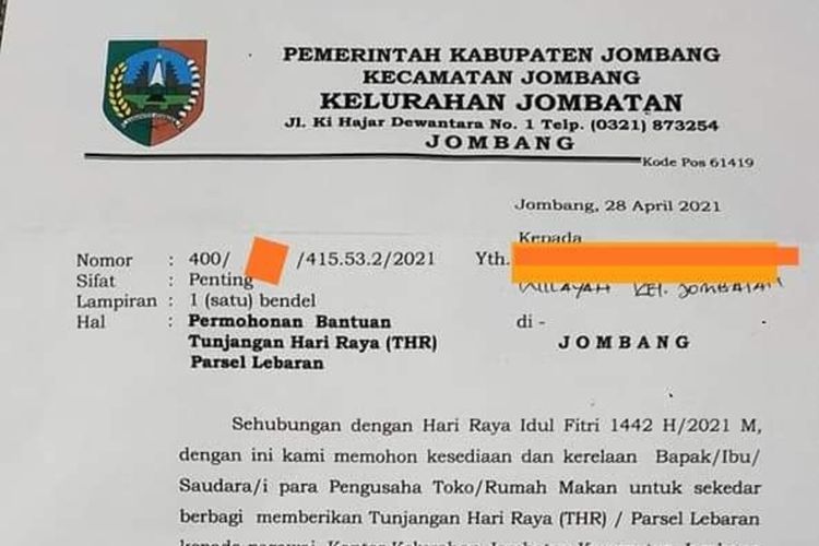 Tangkapan layar surat permintaan bantuan THR/parsel dari salah satu kelurahan di Kabupaten Jombang, Jawa Timur. Surat itu beredar di media sosial dan WhatsApp, Kamis (29/4/2021) malam.