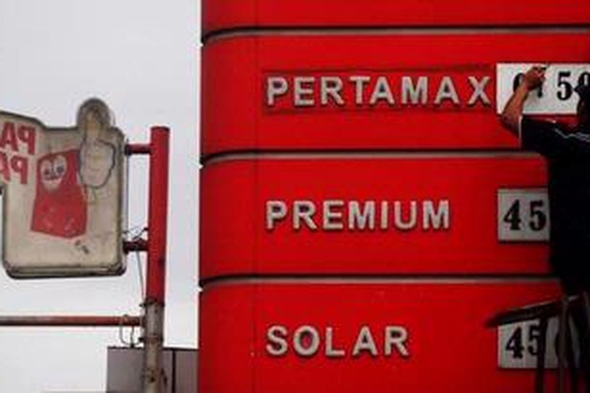Petugas di salah satu SPBU 34-40335 di Jalan Raya Rancaekek, Kabupaten Bandung, Jawa Barat, mengganti angka nominal label harga Pertamax seiring turunnya harga bahan bakar Pertamax dari Rp 10.550 menjadi Rp 9.850 per liter mulai Senin (1/4/2013).  