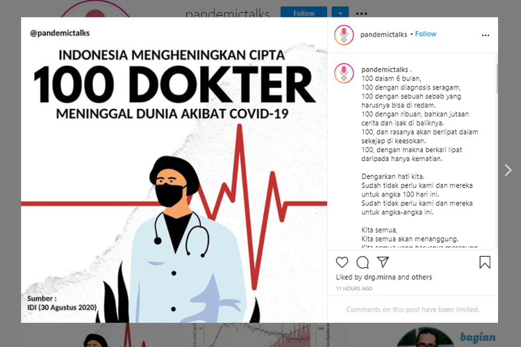 Tangkapan layar unggahan 100 dokter meninggal dunia akibat Covid-19.