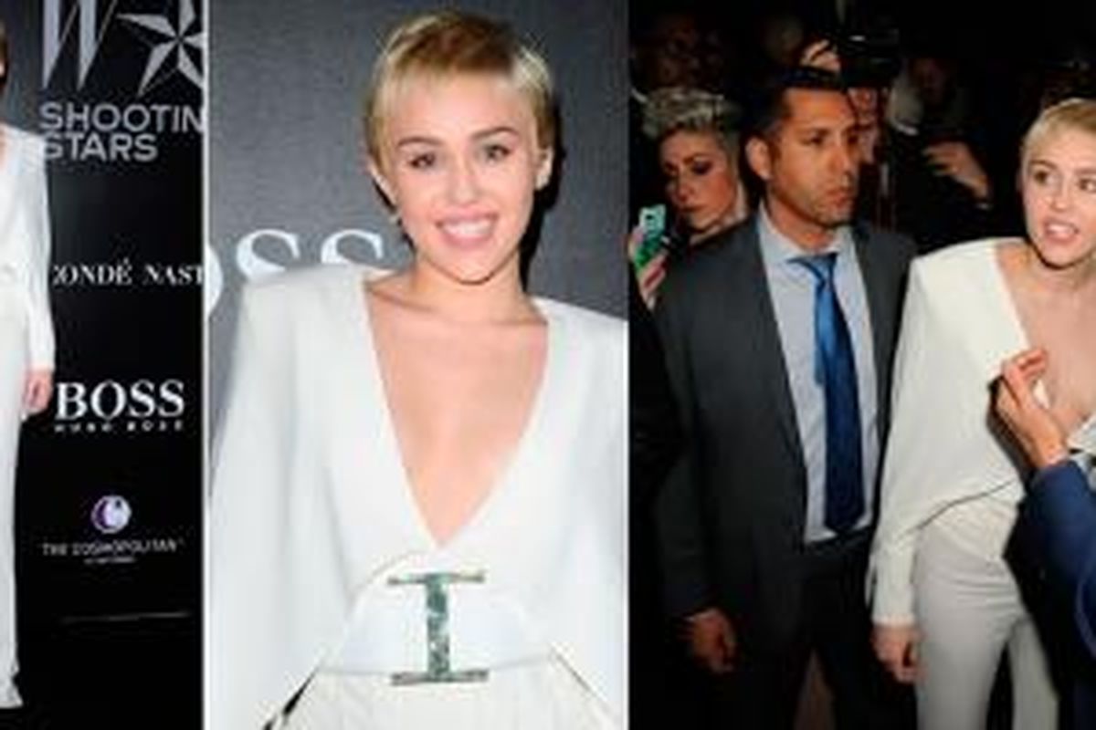 Miley Cyrus menghadiri acara majalah dalam balutan busana bernuansa putih.