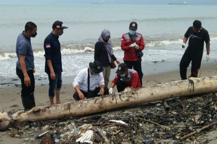 Gakkum KLHK dan Dinas Lingkungan Hidup Lampung mengambil sampel limbah di pantai di Kota Agung, Tanggamus, Sabtu (11/9/2021).