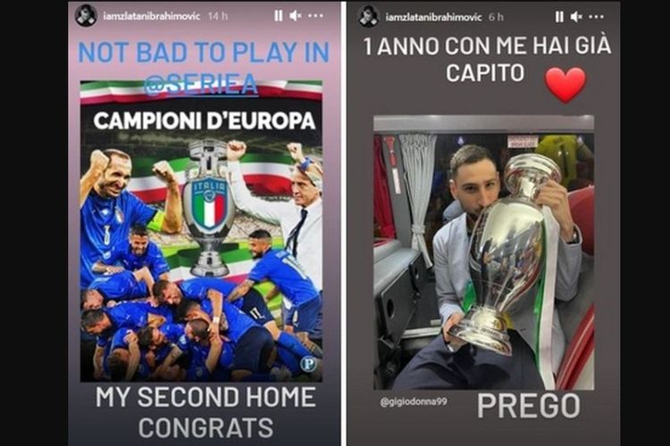 Isi insta story Zlatan Ibrahimovic berupa ucapan selamat kepada timnas Italia yang baru saja menjuarai Euro 2020. 