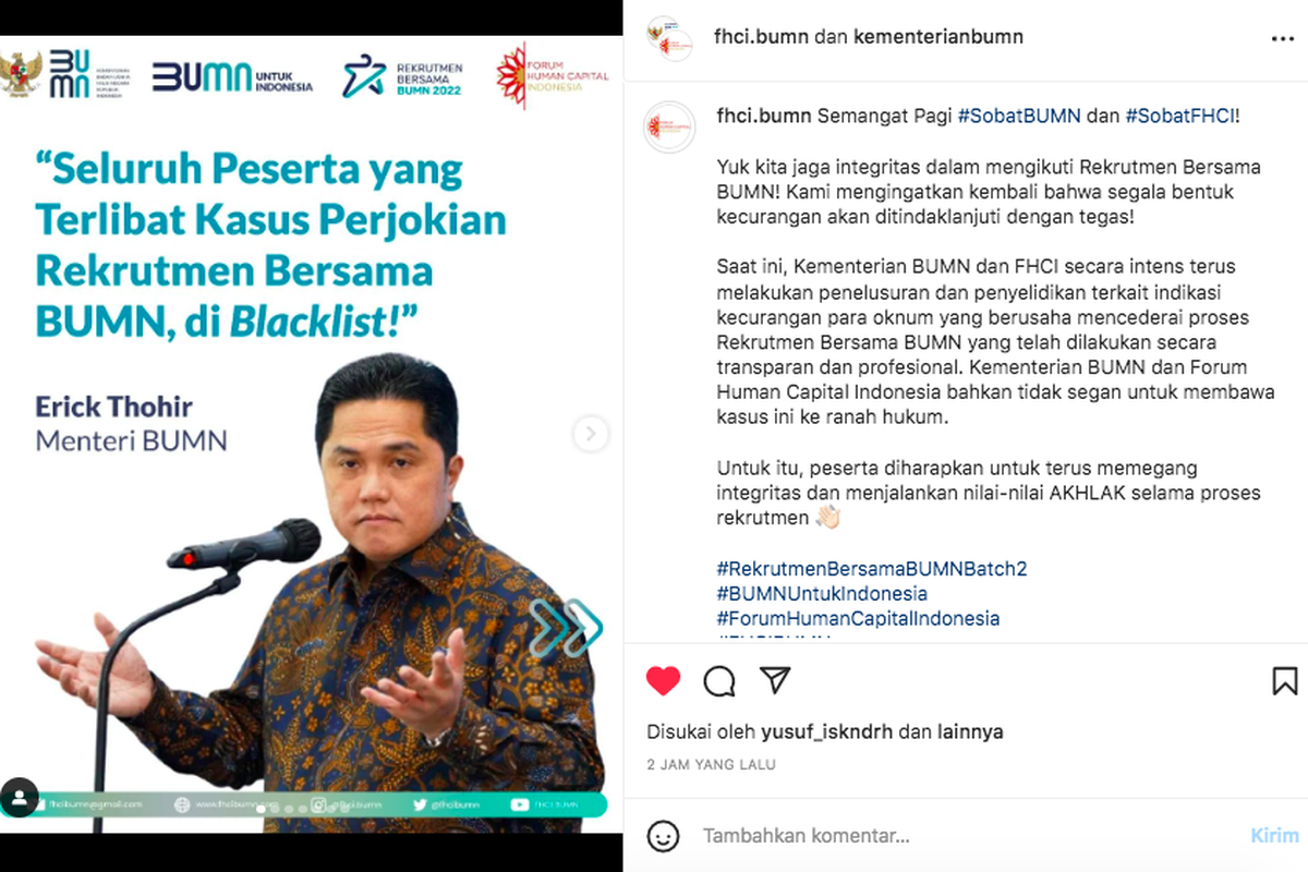 Keputusan FHCI dan Kementerian BUMN mem-blacklist peserta rekrutmen BUMN yang curang