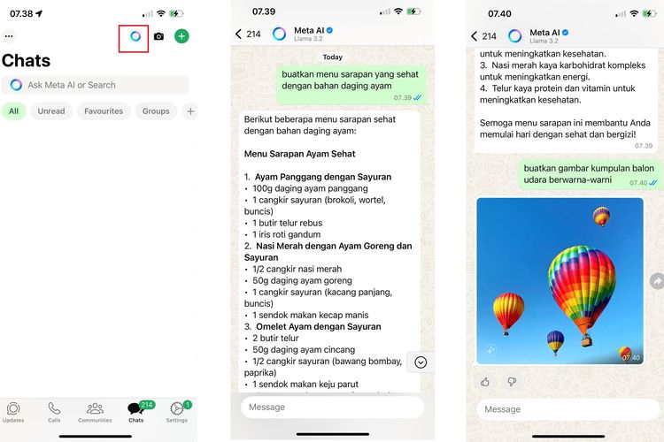 Ilustrasi cara menggunakan Meta AI di WhatsApp lewat tombol baru. 