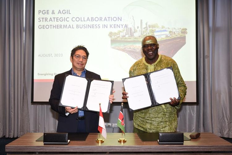 PT Pertamina Geothermal Energy Tbk (PGE) (IDX: PGEO) menjajaki kerja sama dengan Africa Geothermal International Nomor 1 Limited (AGIL No 1) untuk mengembangkan potensi panas bumi pada konsesi Longonot di Kenya, Minggu (20/8/2023).