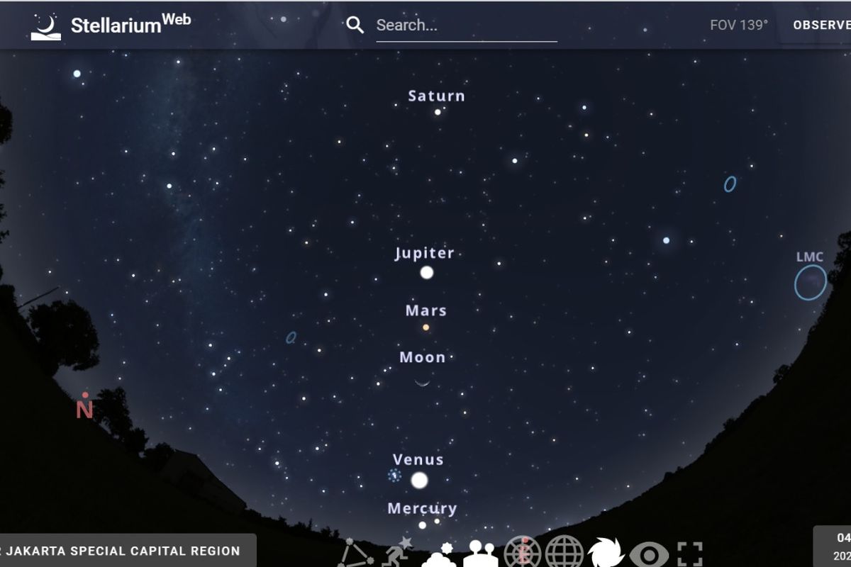 Foto planet sejajar. Fenomena planet sejajar pada 24 Juni 2022. Lima planet, Merkurius, Venus, Mars, Jupiter dan Saturnus, sejajar dengan Bulan. 