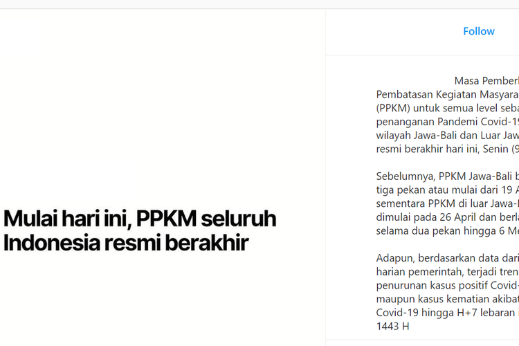 Informasi yang menyebutkan PPKM berakhir 9 Mei 2022