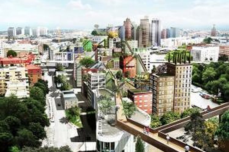 Rencana fasilitas sky walk di Stockholm, yaitu jembatan super panjang yang menghubungkan berbagai teras di atap apartemen.