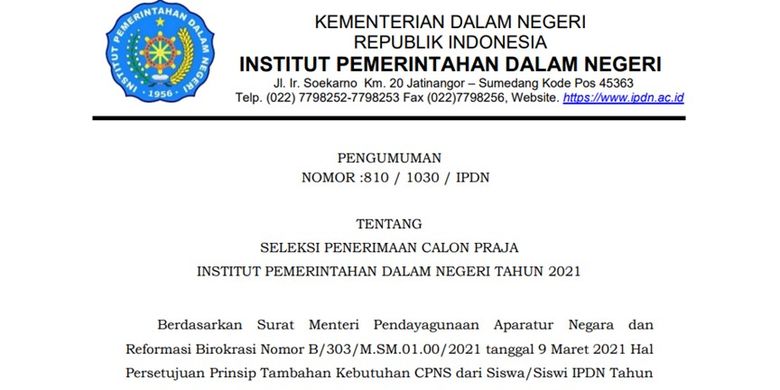 Jadwal Resmi Pendaftaran Dan Tahapan Tes Ipdn 2021