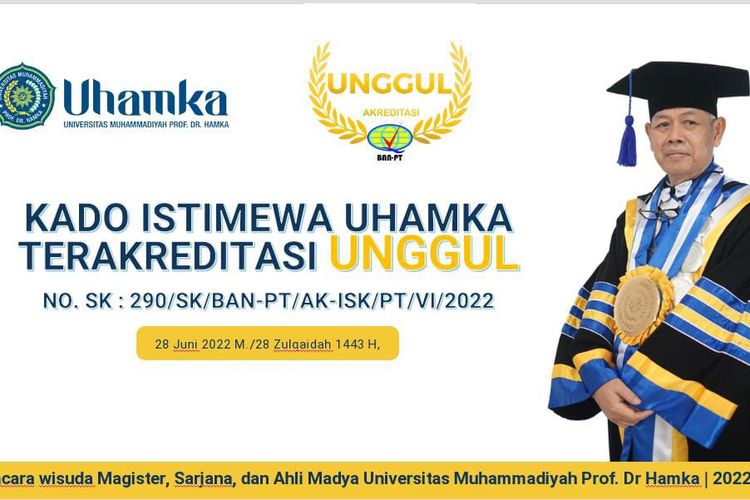 Uhamka meraih akreditasi Unggul yang dikeluarkan BAN PT (Badan Akreditasi Nasional Perguruan Tinggi) bertepatan dengan Wisuda Magister, Sarjana dan Ahli Madya Uhamka Tahun 2022 Gelombang 2 (28/6/2022).