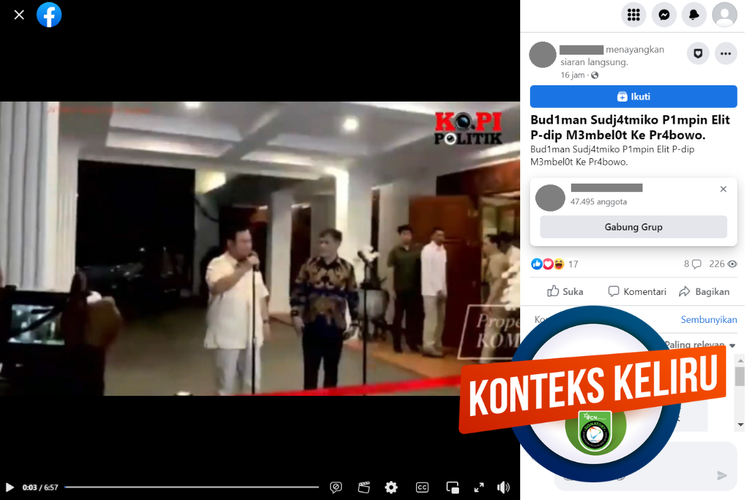 Tangkapan layar unggahan dengan narasi salah di sebuah akun Facebook, Kamis (20/7/2023), yang menyebut Budiman Sudjatmiko memimpin pembelotan pejabat PDI-P ke kubu Prabowo.