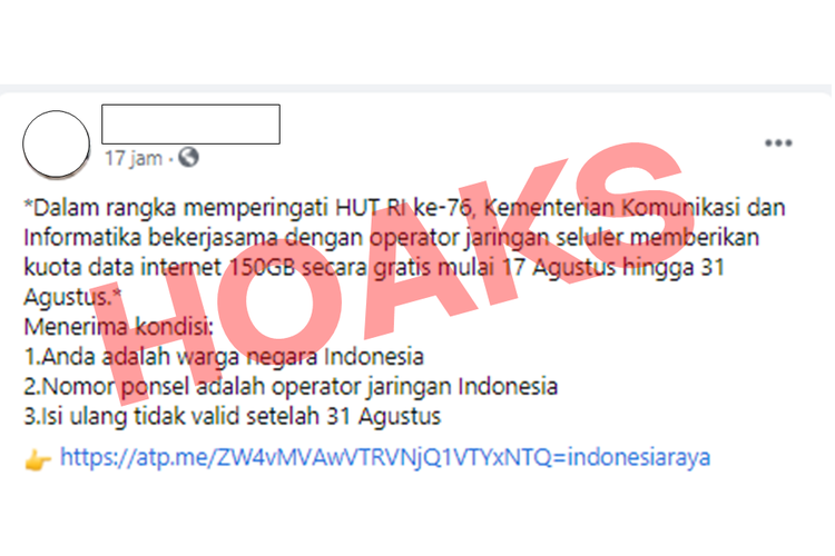 Tangkapan layar unggahan hoaks yang menyebutkan Kementerian Komunikasi dan Informatika (Kemkominfo) memberikan kuota internet gratis 150 GB.