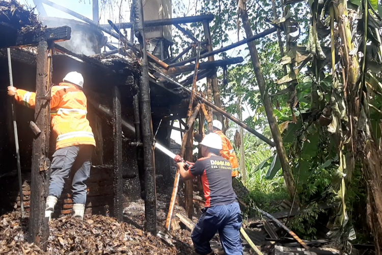 Petugas Damkar Kabupaten Lumajang padamkan api yang membakar pabrik penyulingan daun cengkeh, Jumat (3/6/2022)