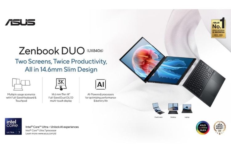Asus Zenbook DUO (UX8406) dilengkapi dengan dual-screen dan fitur touchscreen sehingga pengguna dapat menggunakan stylus ASUS Pen 2.0
