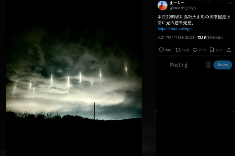 Fenomena sembilan pilar cahaya di langit Jepang bernama Isaribi Kochu [Twitter/@maashii_taiyo].