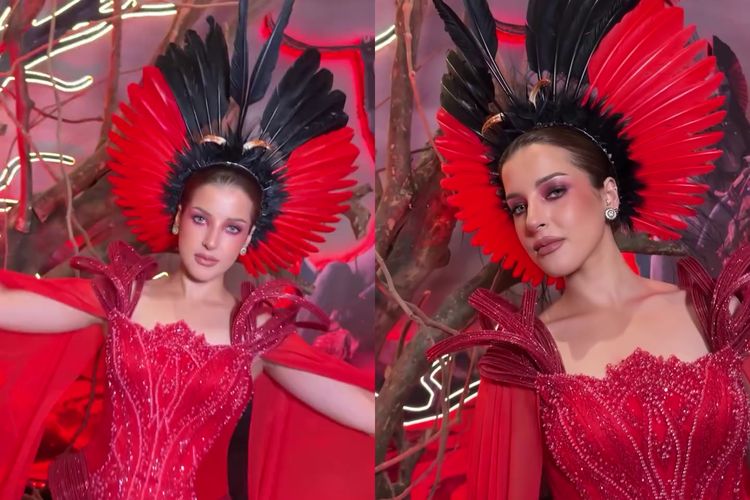 Beauty influencer Tasya Farasya tampil menyala menggunakan gaun dan aksesori kepala serba merah saat menghadiri gala premiere ?Avatar: Fire and Ash? di XXI Gandaria City, Jakarta Selatan, Selasa (16/12/2025).