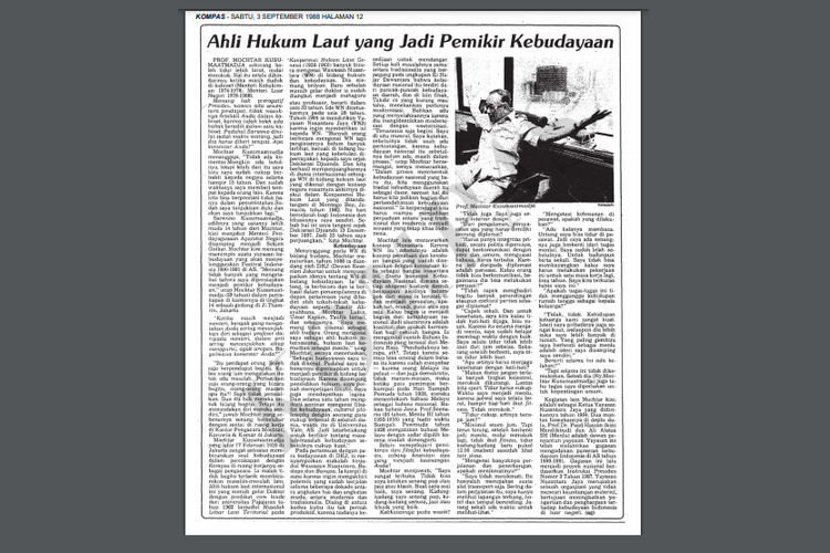 Tangkap layar artikel berjudul Ahli Hukum Laut yang Jadi Pemikir Kebudayaan, wawancara khusus Mochtar Kusumaatmadja oleh August Parengkuan yang tayang di harian Kompas edisi 3 September 1988.