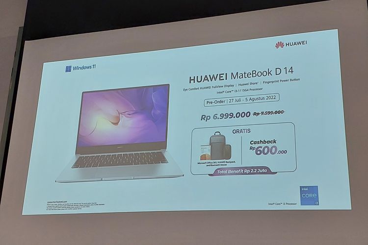 Harga Huawei MateBook D14 versi prosesor Intel Core generasi ke-11 Core i3-1115G4 di Tanah Air.
