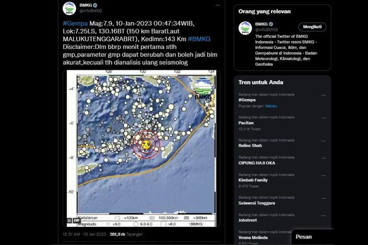 A screen grab from the Meteorology, Climatology, and Geophysics Agency (BMKG) illustrating an earthquake that hit north coast region of Southwest Maluku at 00.47 local time on Tuesday, January 10, 2023.   