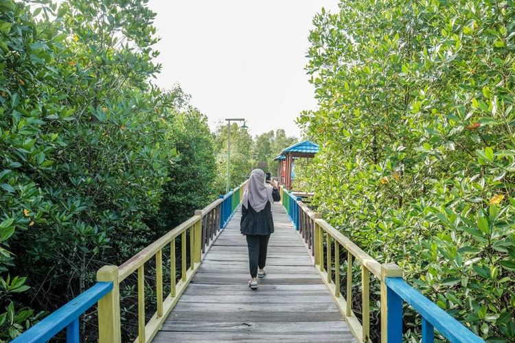 Salah satu kegiatan yang bisa dilakukan di  Taman Wisata Mangrove Klawalu Sorong, Papua Barat, adalah menyusuri jembatan warna-warni.